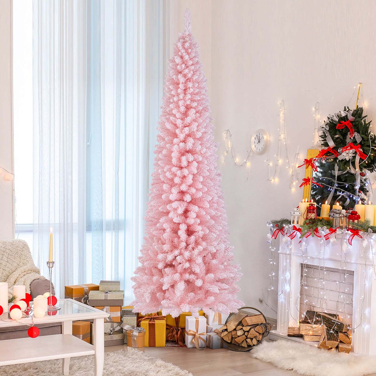 Costway 5/6/7/8 FT Artificial Pink Christmas Tree with 328/460/635/1000 Branch Tips Folding Metal Stand